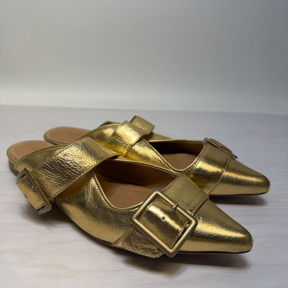 Anthropologie BILL BLASS SYLVIE SLIDE All Leather Mules Flats Gold 8.5 Point Toe